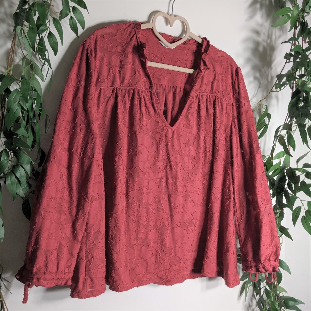 Lucky Brand Textured Pink Coral Peasant Top